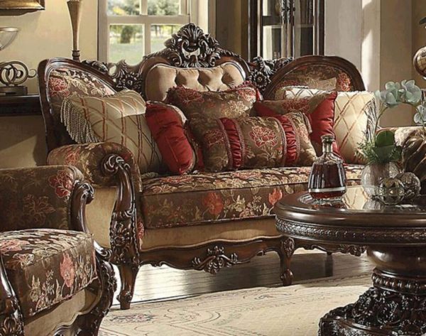 Dark Oak & Floral Chenille Sofa Traditional Homey Design