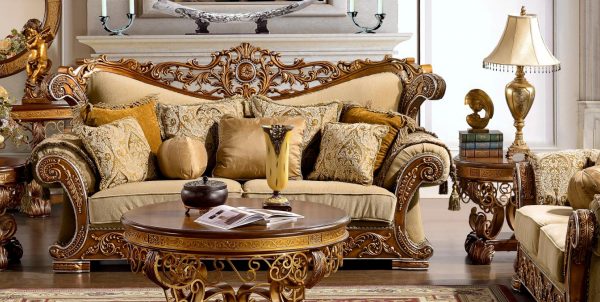 Golden Tan Chenille Loveseat Carved Wood Traditional Homey Design