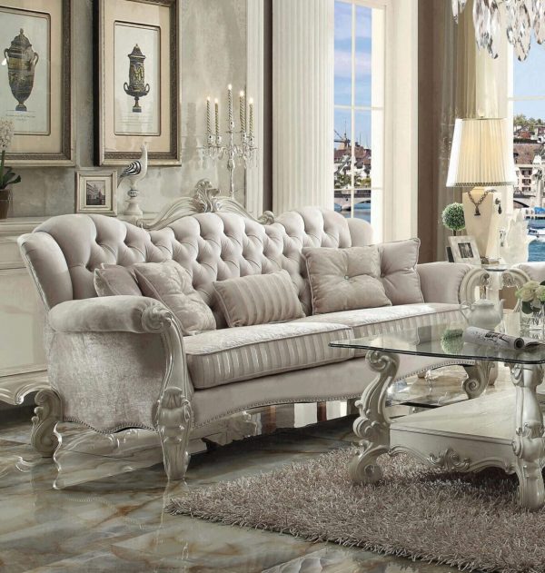 Ivory Velvet & Bone White Sofa Vintage Traditional Versailles