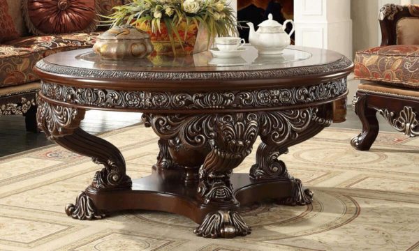 Dark Brown & Silver Coffee Table Carved Wood Traditional Homey Design