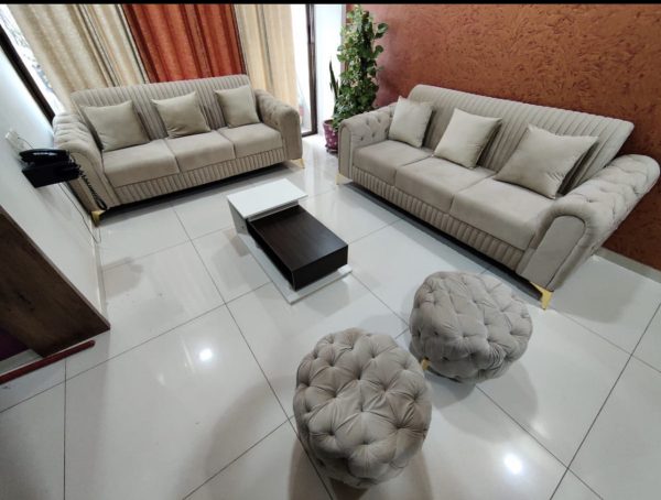 Velvet Grey Sofa Set With Pouffes