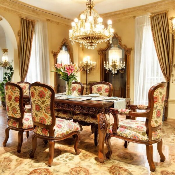 Majestic Hand-Carved Royal Wooden Dining Set – 6 Seater