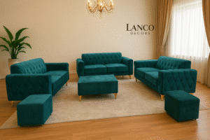 Teal Diamond-Stitched Velvet Sofa Set