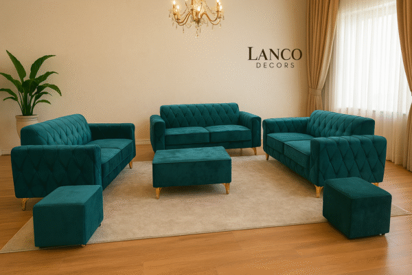 Teal Diamond-Stitched Velvet Sofa Set