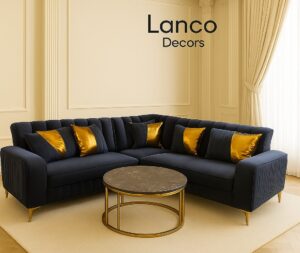 Royal Navy Velvet Sectional with Gold Accents