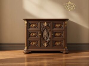 “Majestic Carved Teakwood Side Chest”