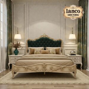 Emerald Royale™ – Velvet Upholstered Bed with Ornate Floral Carvings