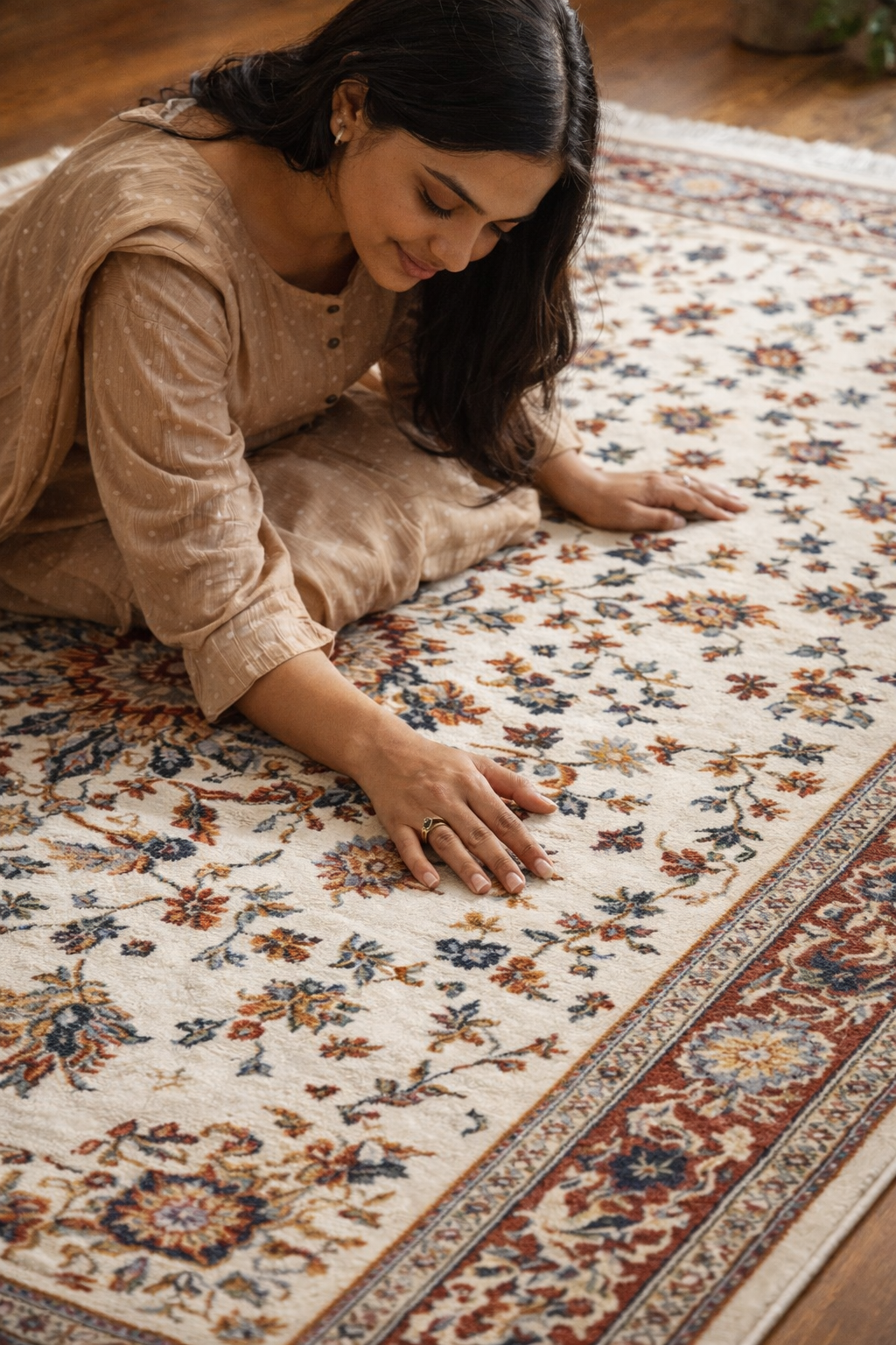 Persian Medallion Carpet – Ivory & Rust Traditional Area Rug - Image 2