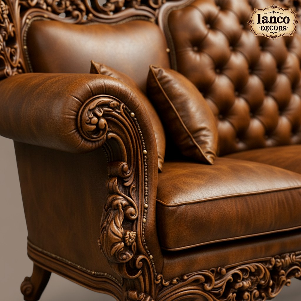 Royal Baroque Brown Leather Carved Sofa - Image 3
