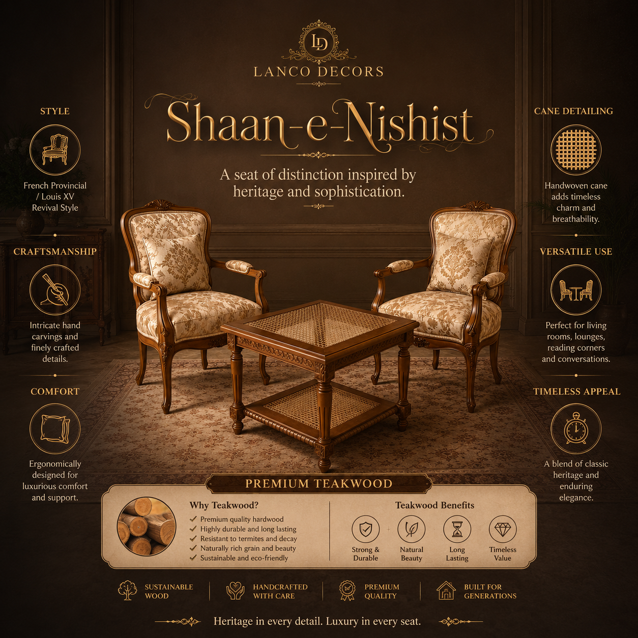 Shaan-e-Nishist – French Provincial Teakwood Lounge Chair Set