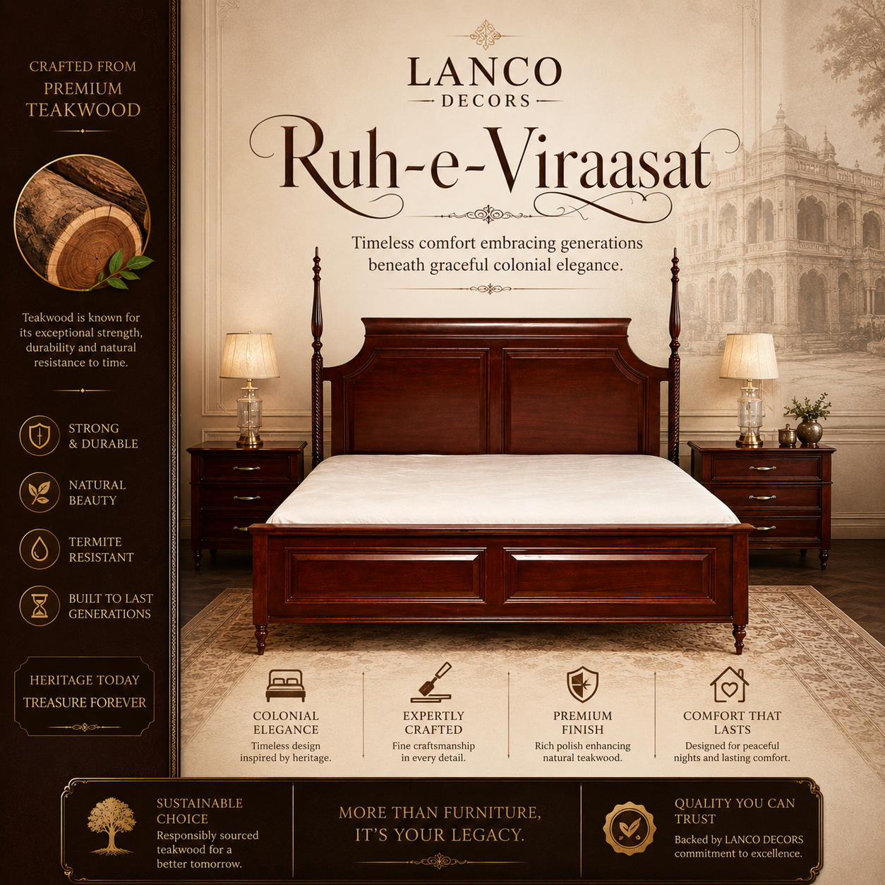 Ruh-e-Viraasat Colonial Heritage Teakwood Bed - Image 2