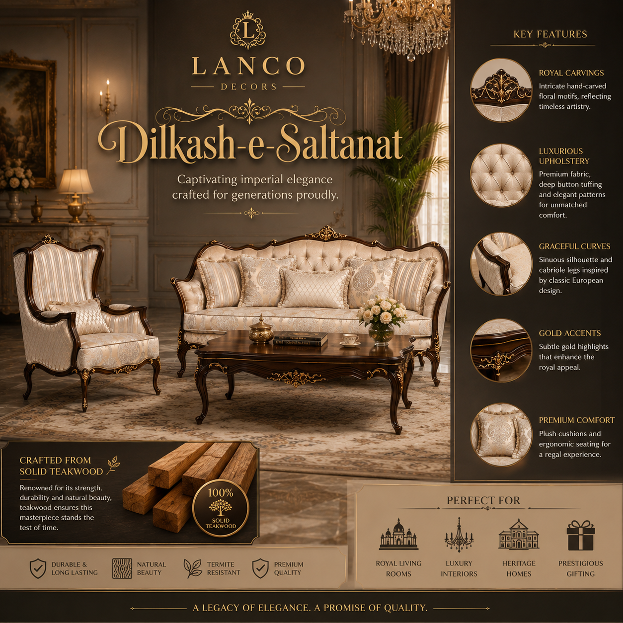 Dilkash-e-Saltanat Royal Teakwood Sofa Set - Image 2
