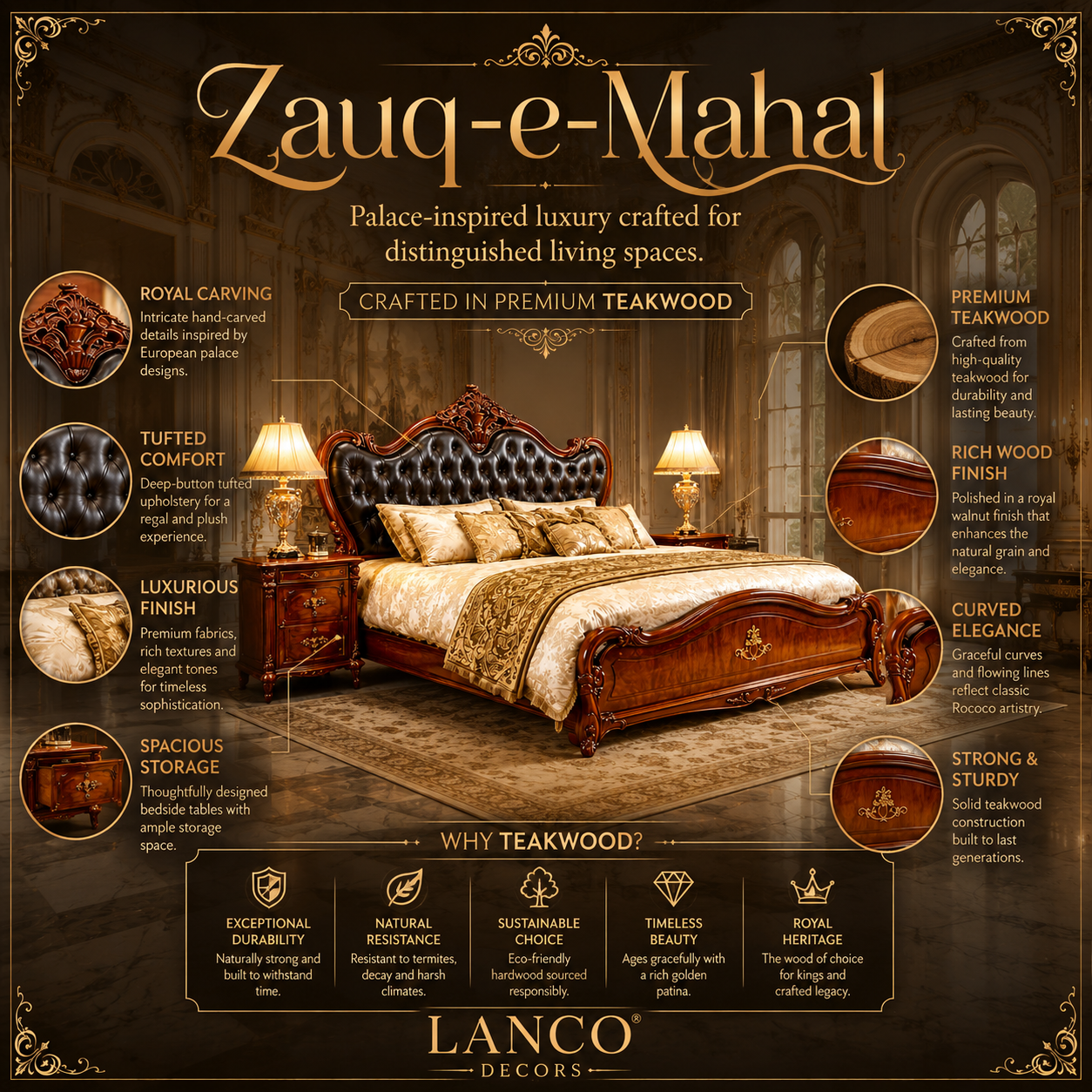 Zauq-e-Mahal Royal Tufted Teakwood Bed Set - Image 2