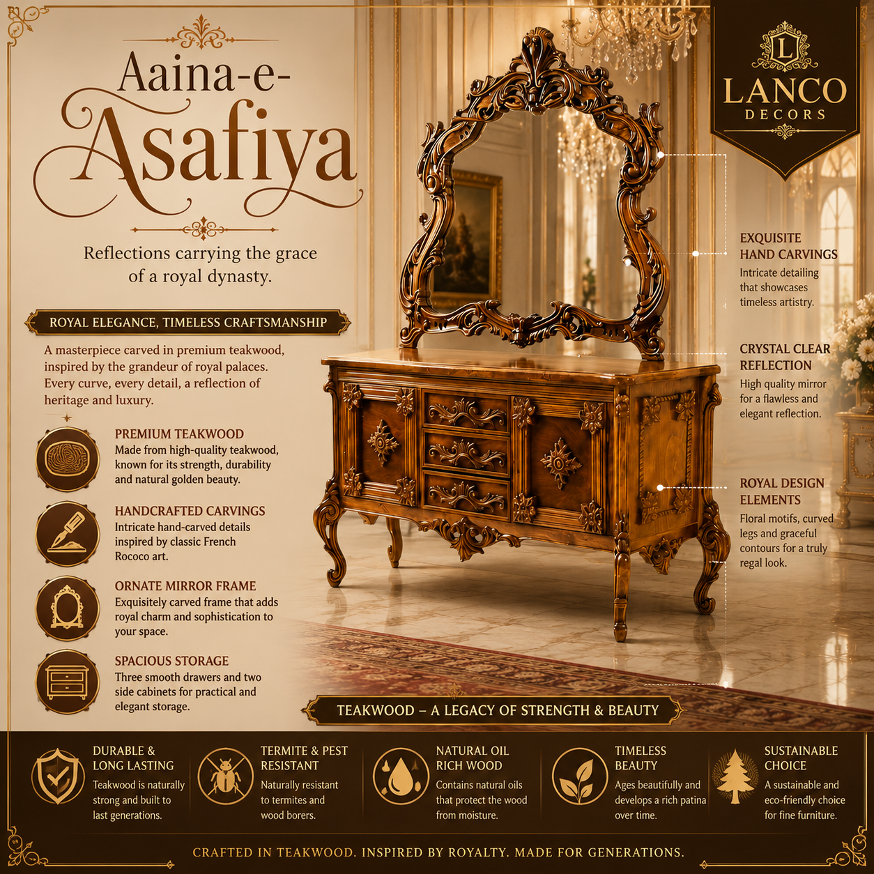 Aaina-e-Asafiya – Royal Teakwood Dressing Table with Ornate Mirror - Image 2