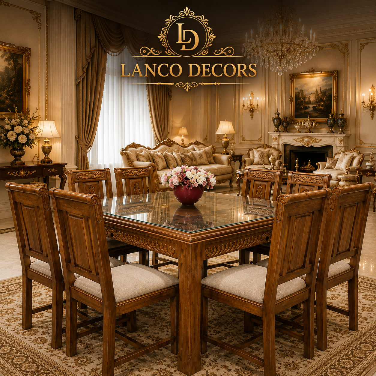 LANCO Heritage Contemporary Solid Indian Teakwood 6-Seater Dining Set with Glass Top