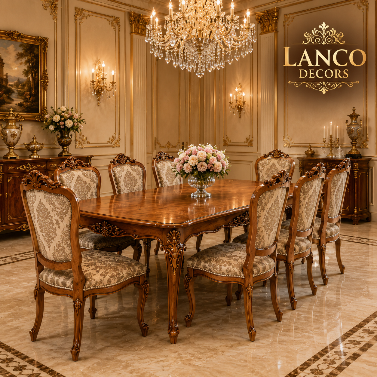 LANCO DECORS Royal Louis XV Solid Indian Teakwood 8-Seater Luxury Dining Set