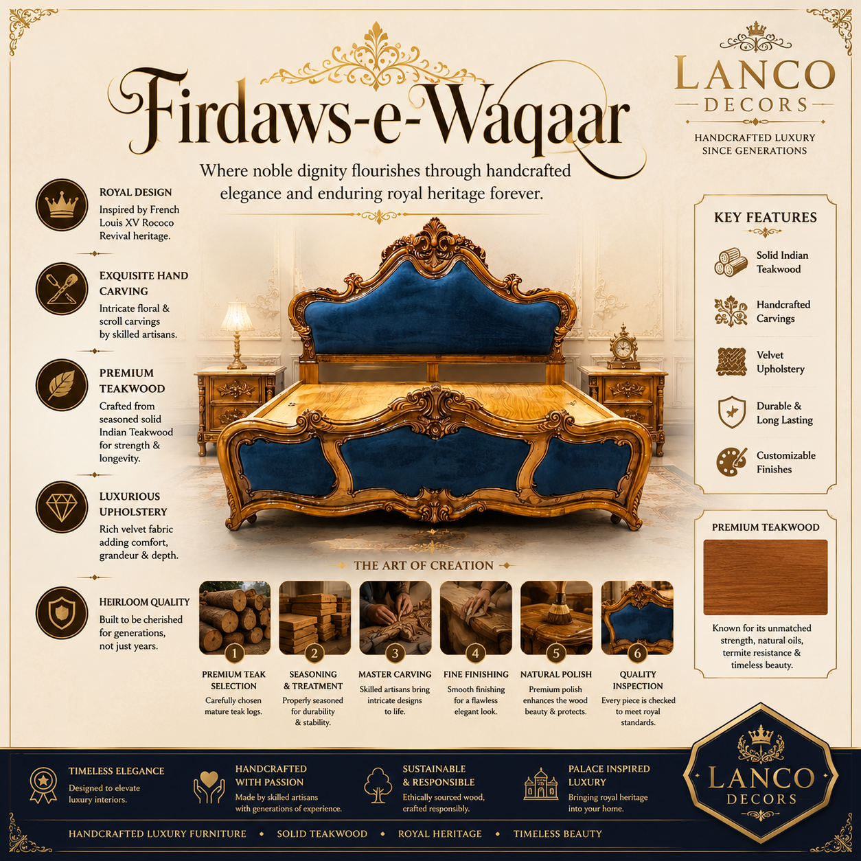 Firdaws-e-Waqaar™ Royal Upholstered Teakwood Bed - Image 2