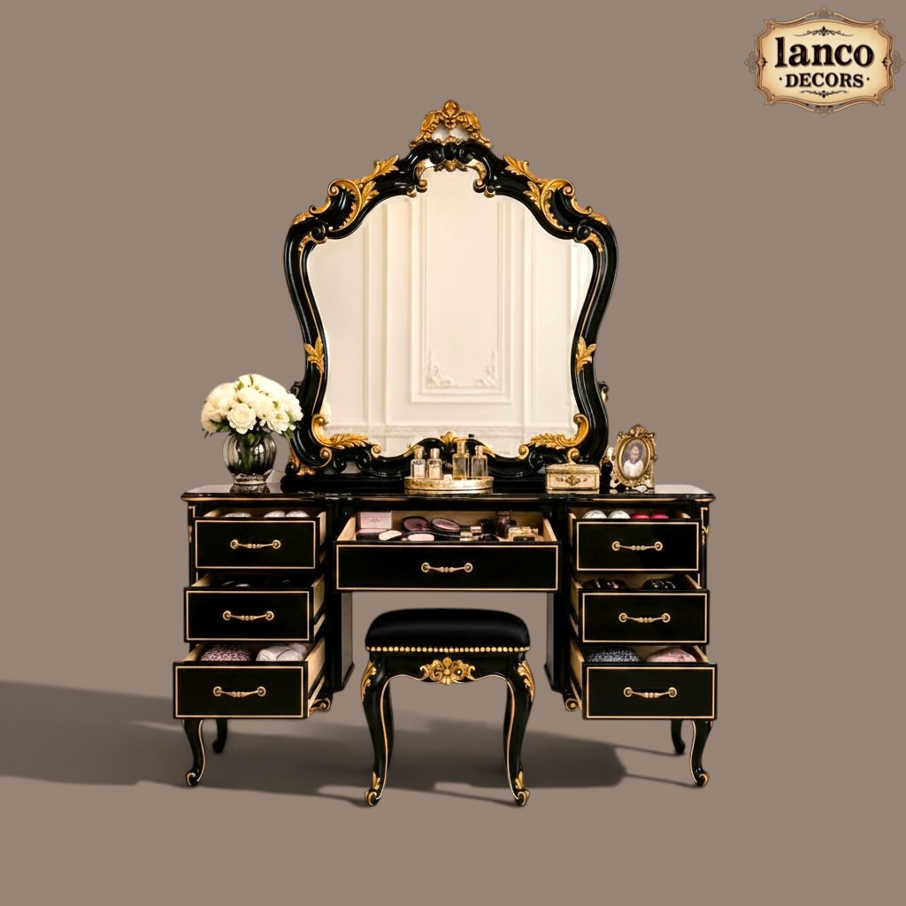 Aks-e-Zareen – Luxury Hand-Carved Teakwood Dressing Table with Mirror & Stool - Image 5