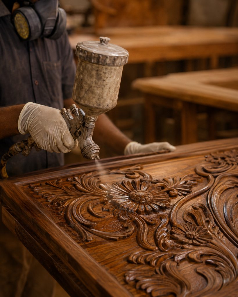 Artisan applying walnut finish to carved teakwood at LANCO Furniture