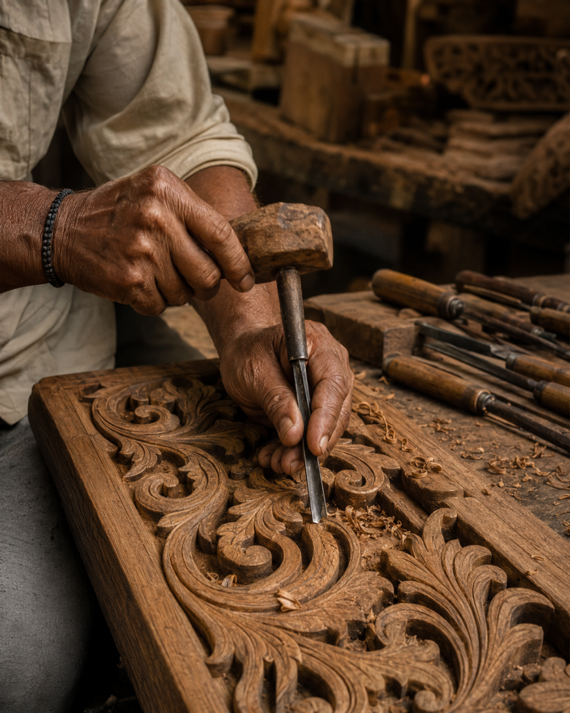 Skilled artisan hand carving teakwood at LANCO Furniture workshop