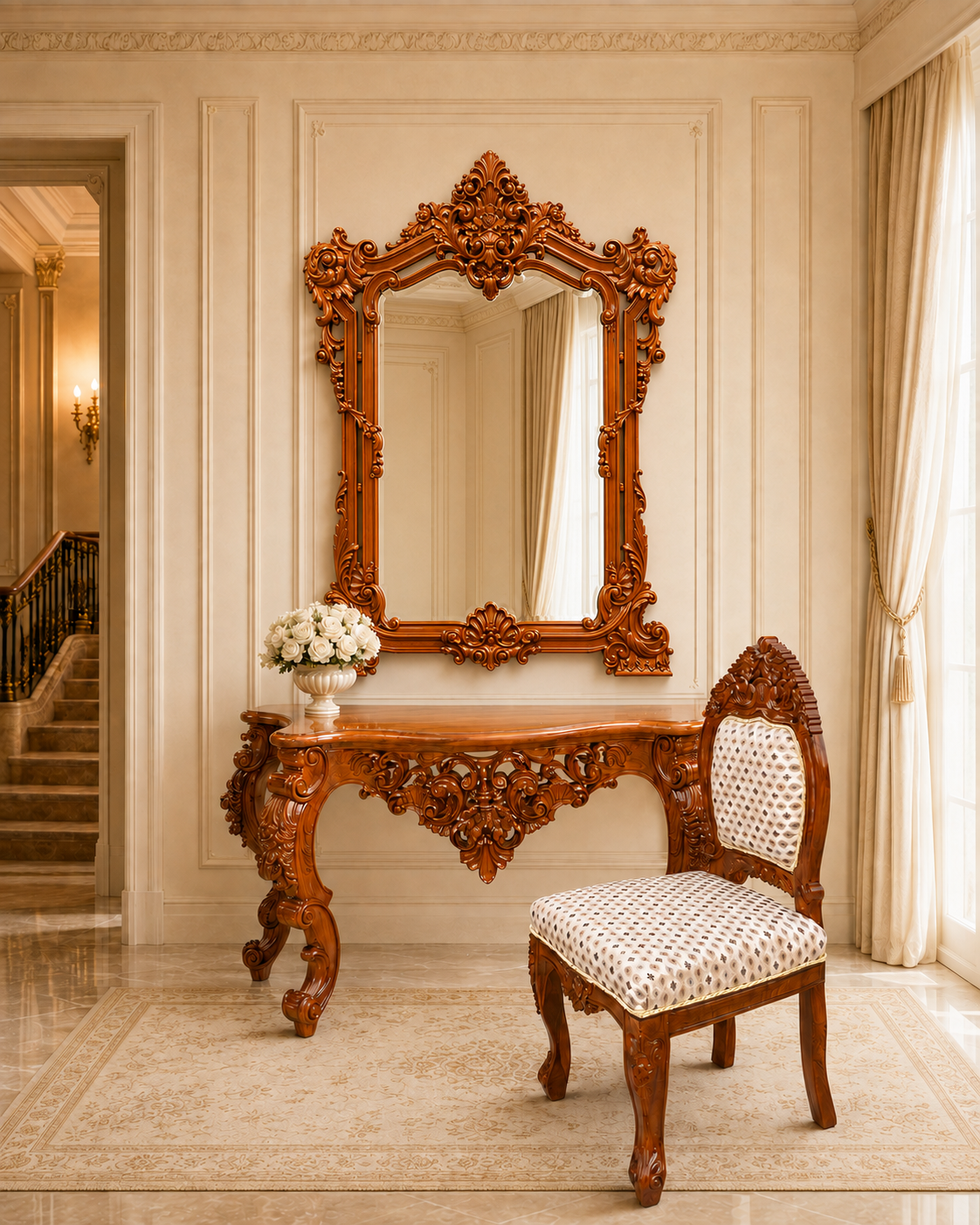 Hand-carved classical console mirror and matching chair by LANCO Furniture