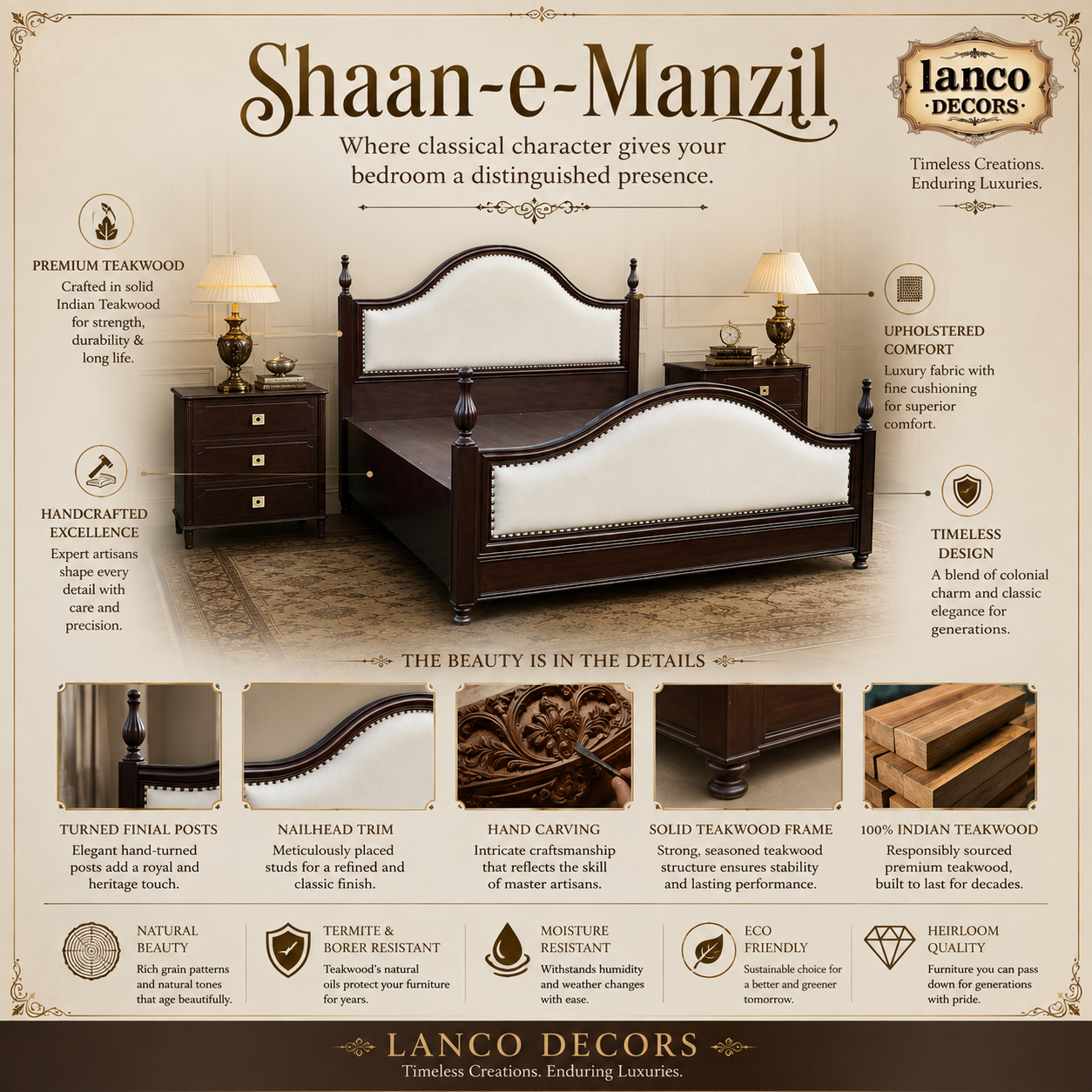 Shaan-e-Manzil – Classic Teakwood Upholstered Bed - Image 2