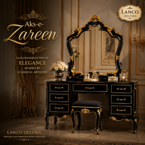 Aks-e-Zareen – Luxury Hand-Carved Teakwood Dressing Table with Mirror & Stool