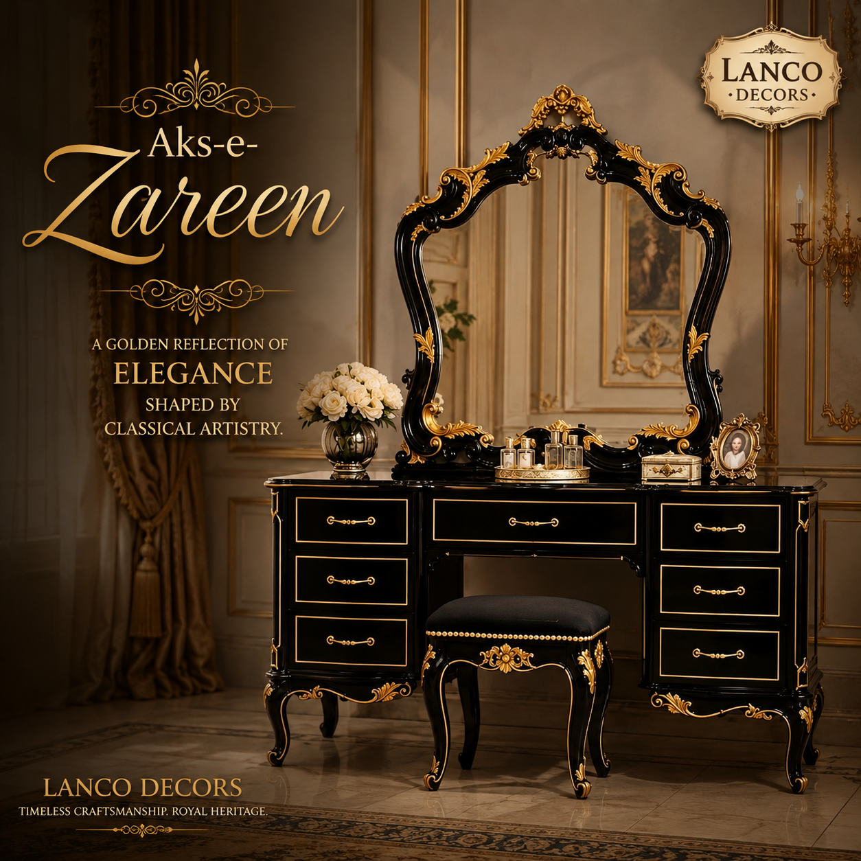Aks-e-Zareen – Luxury Hand-Carved Teakwood Dressing Table with Mirror & Stool