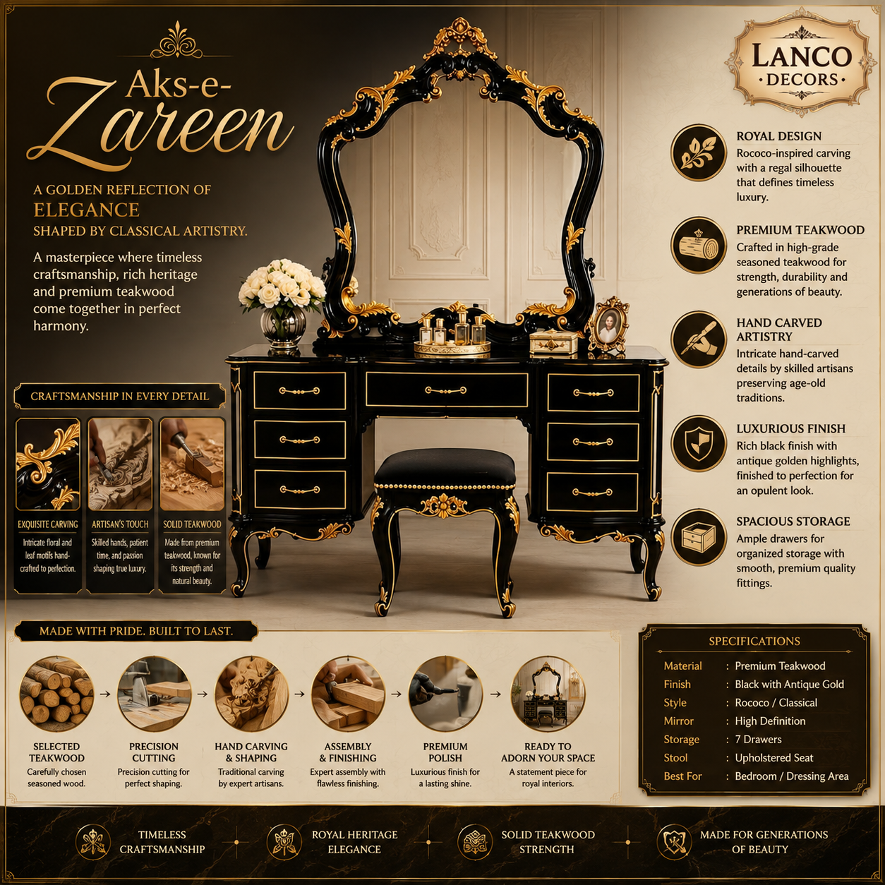 Aks-e-Zareen – Luxury Hand-Carved Teakwood Dressing Table with Mirror & Stool - Image 2