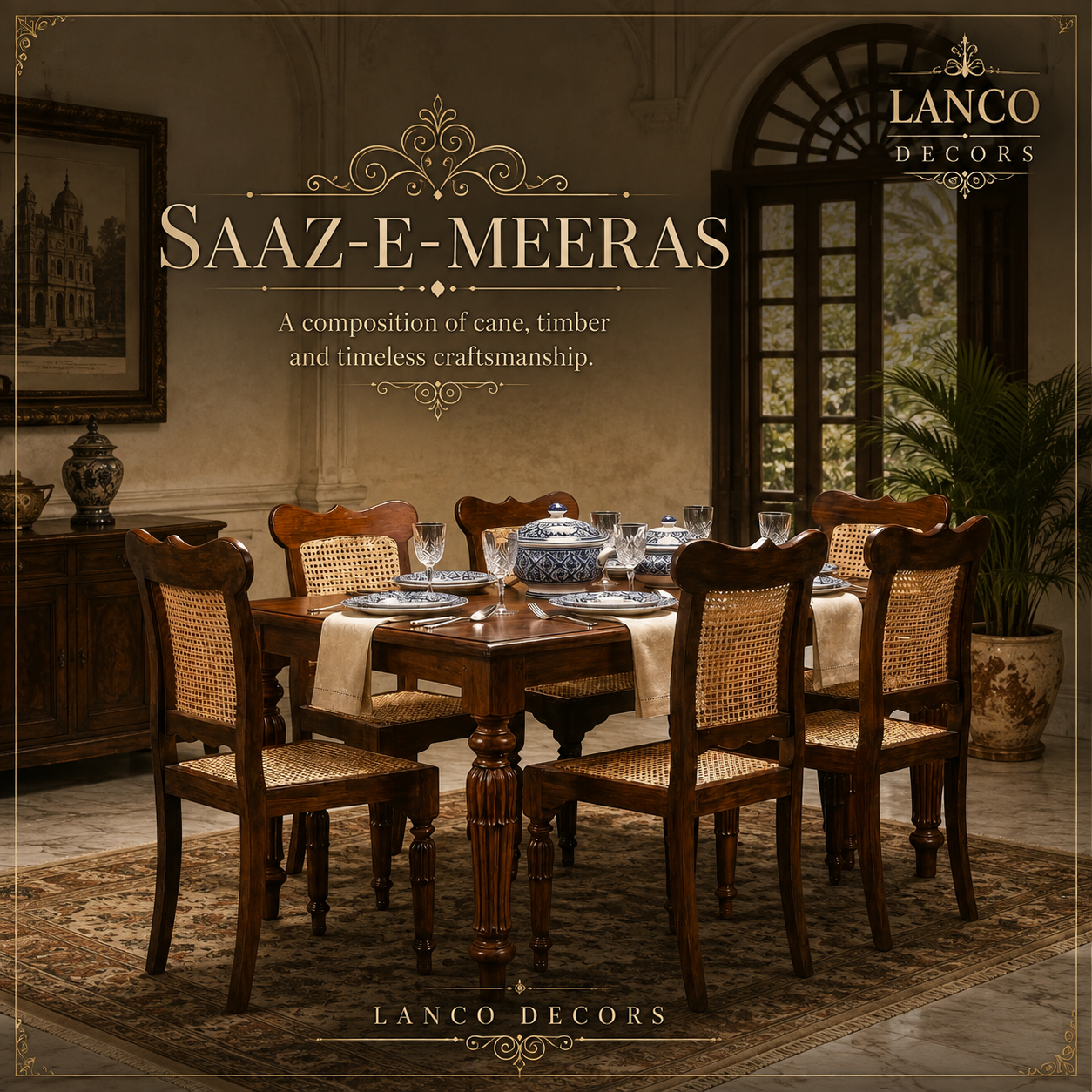 Saaz-e-Meeras – Handcrafted Teakwood Cane Dining Set
