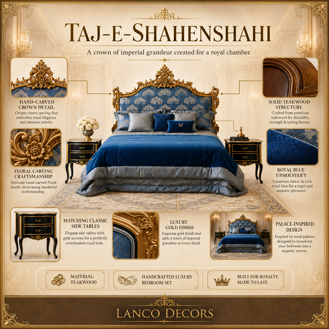Taj-e-Shahenshahi – Imperial Handcrafted Teakwood Bed - Image 2