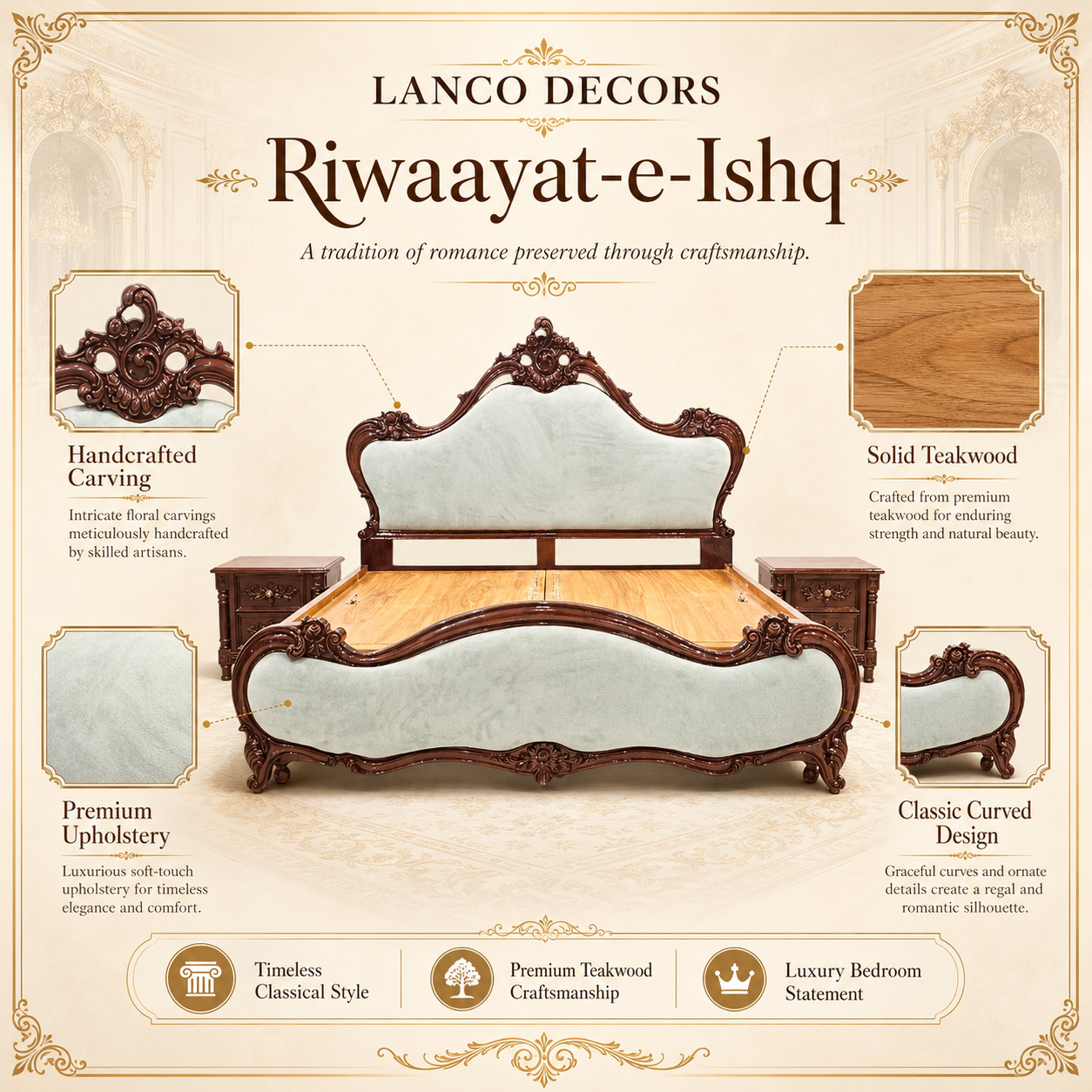 Riwaayat-e-Ishq – Royal Handcrafted Upholstered Bed - Image 2