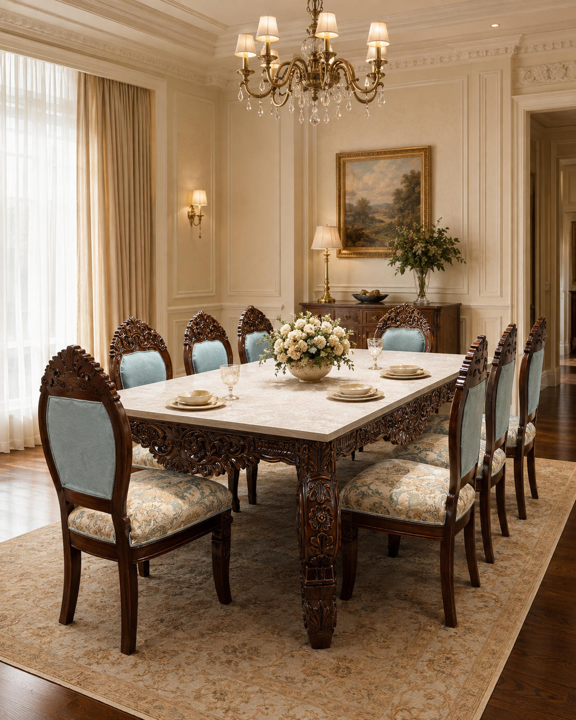 Handcrafted eight-seater carved dining table set by LANCO Furniture