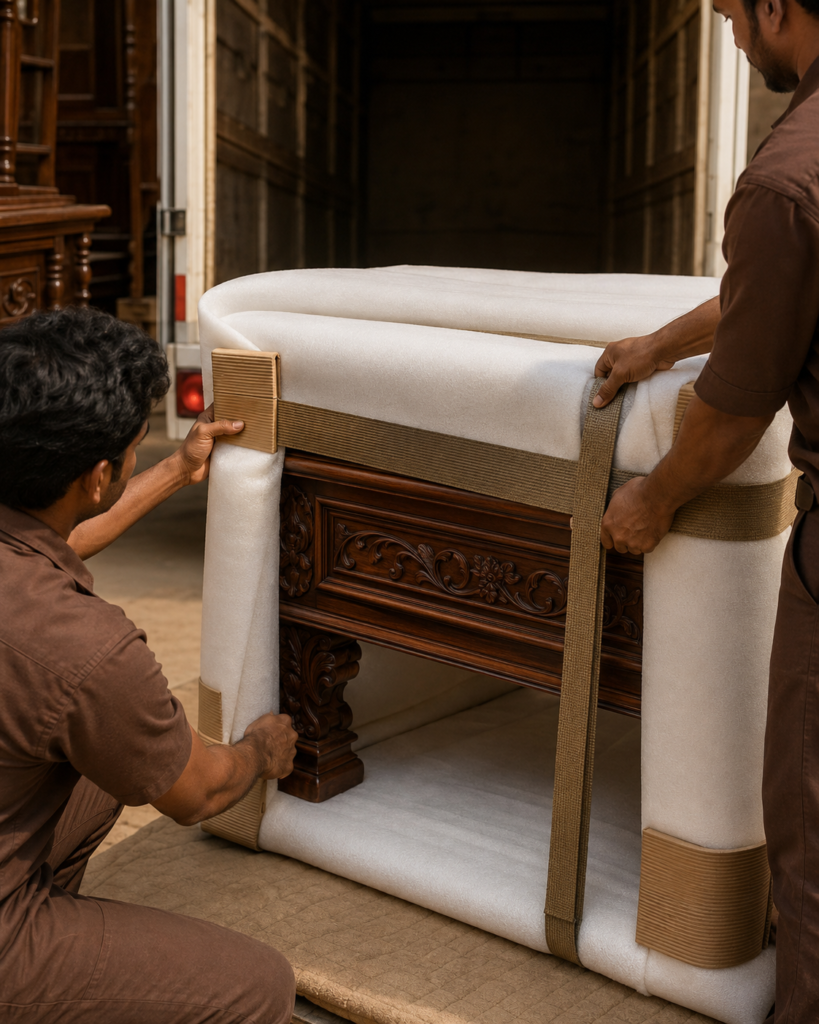 Handcrafted teakwood furniture safely packed for delivery by LANCO Furniture