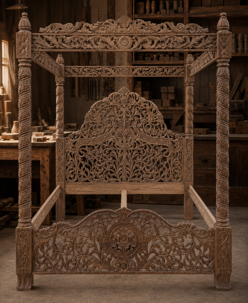 Handcrafted raw carved bed being manufactured at LANCO Furniture Hyderabad