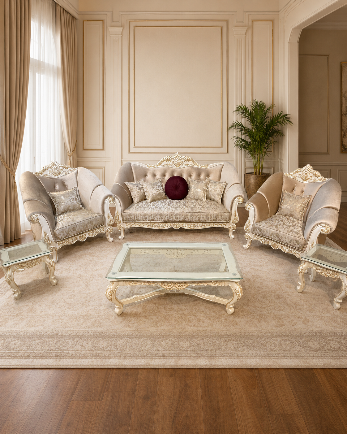 Neo-classical ivory handcrafted sofa set with carved tables by LANCO Furniture