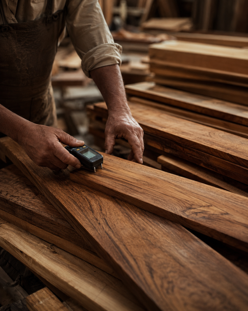 Premium seasoned teakwood quality inspection at LANCO Furniture workshop