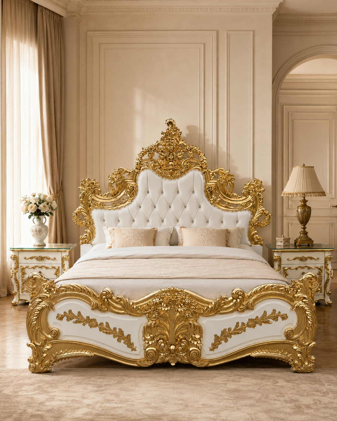 Ivory and gold handcrafted signature teakwood bed by LANCO Furniture