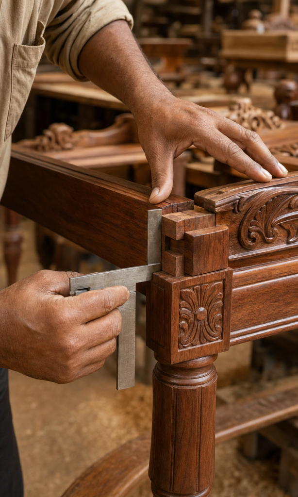 Artisan inspecting teakwood furniture joinery at LANCO Furniture workshop