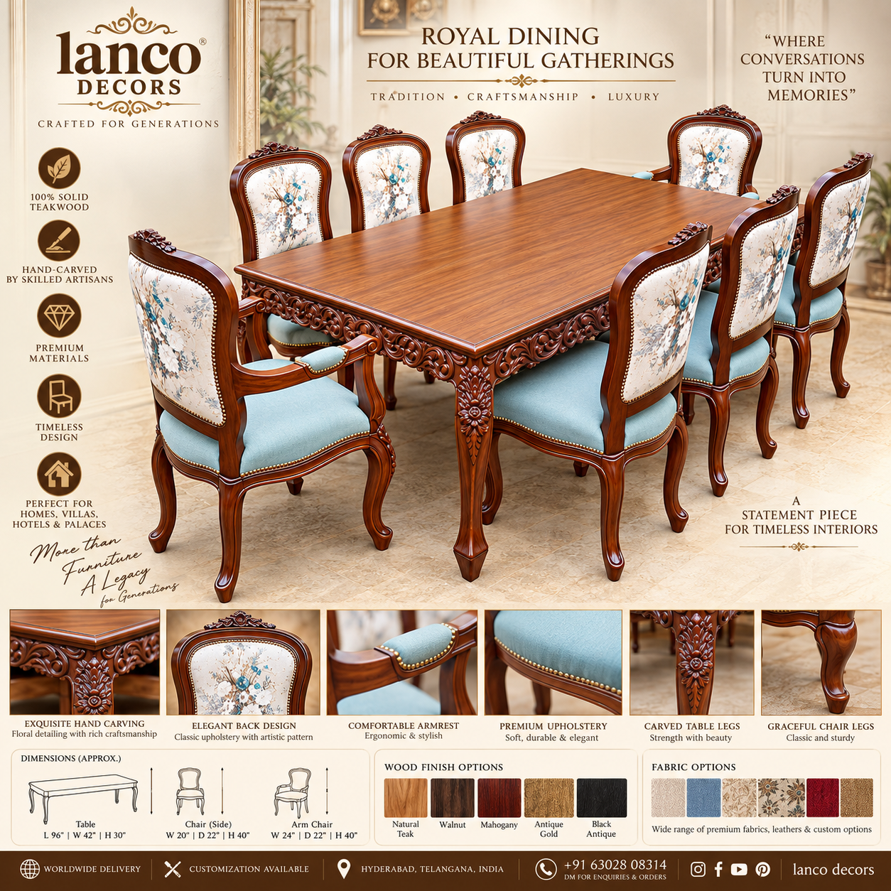 Mehfil Heritage 8-Seater Hand-Carved Teakwood Dining Set - Image 2