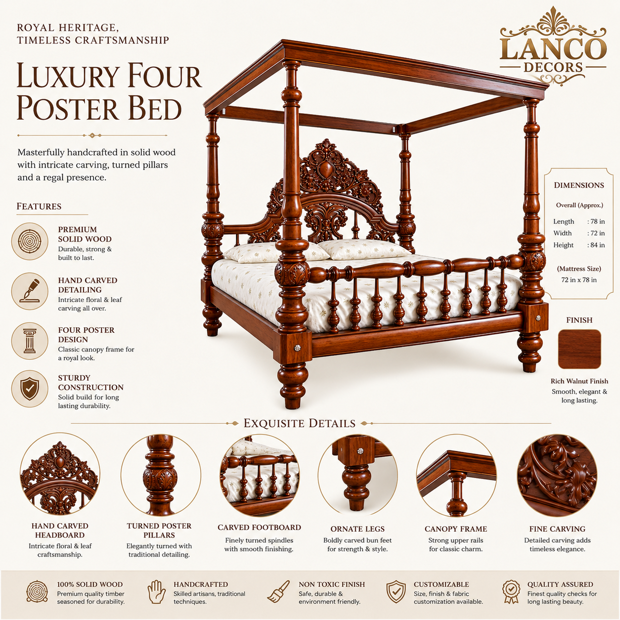 Meeras-e-Darbar – Royal Handcrafted Four Poster Bed - Image 2