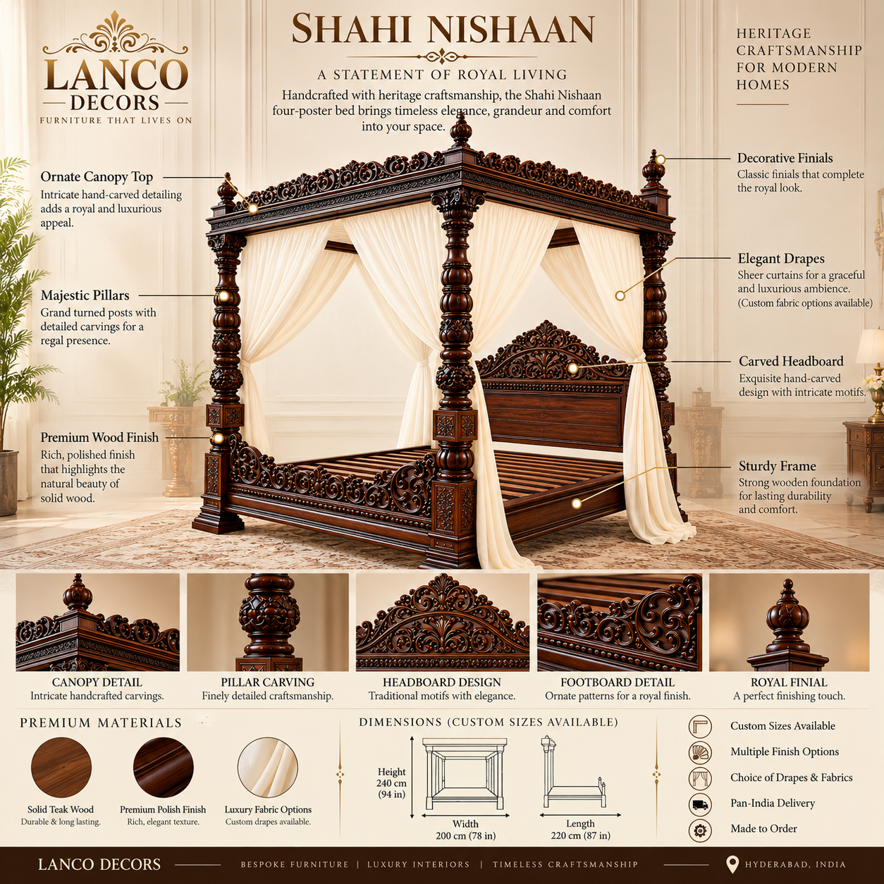 Takht-e-Meeras – Royal Handcrafted Four Poster Canopy Bed - Image 6