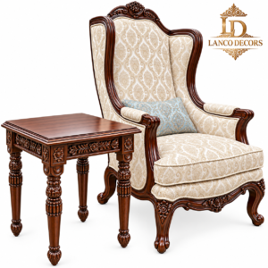 Mehfil-e-Nafasat – Heritage Wingback Chair & Carved Side Table