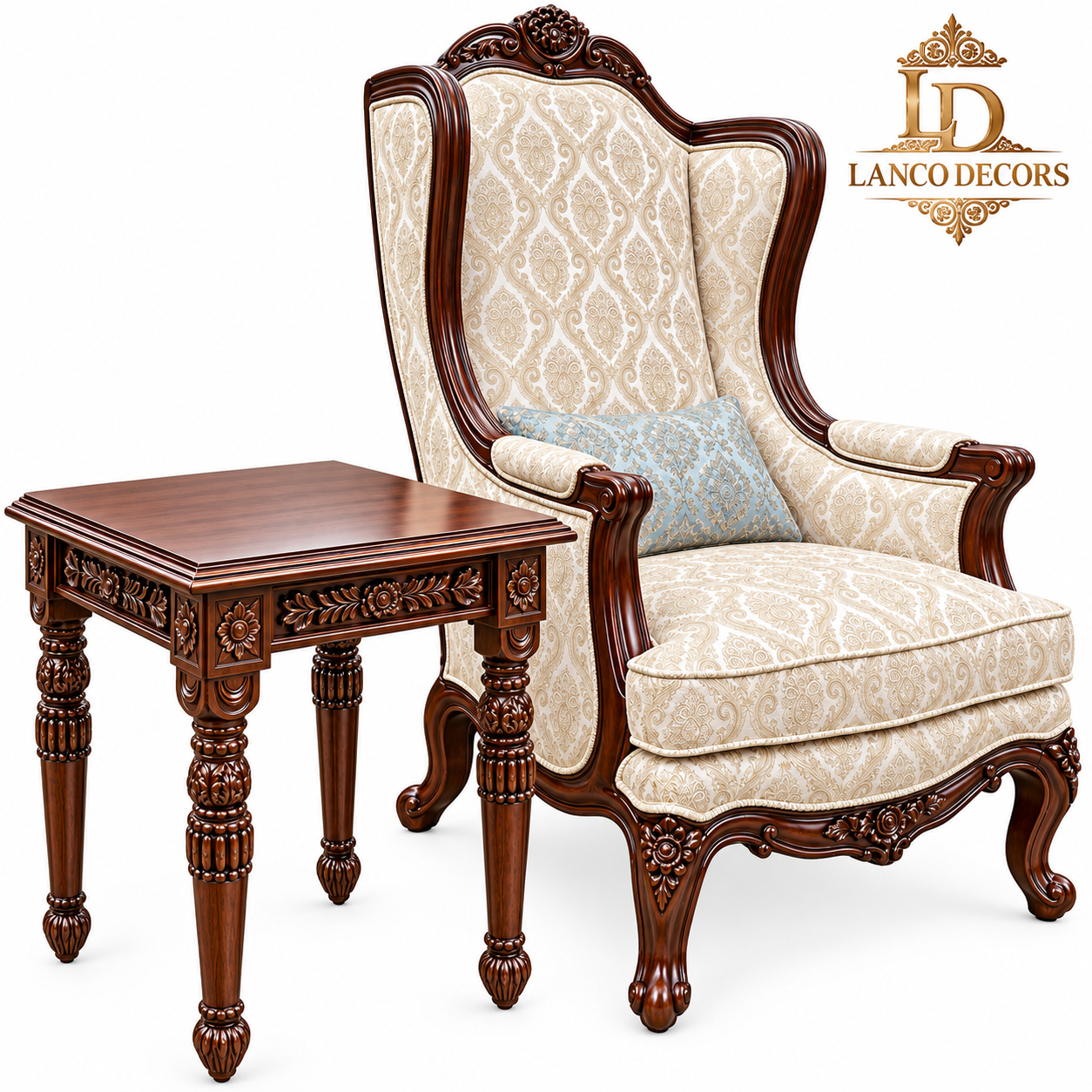 Mehfil-e-Nafasat – Heritage Wingback Chair & Carved Side Table