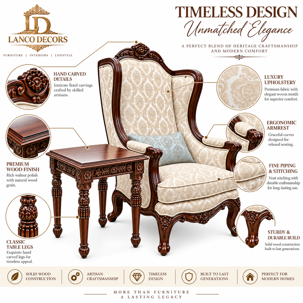 Mehfil-e-Nafasat – Heritage Wingback Chair & Carved Side Table - Image 2