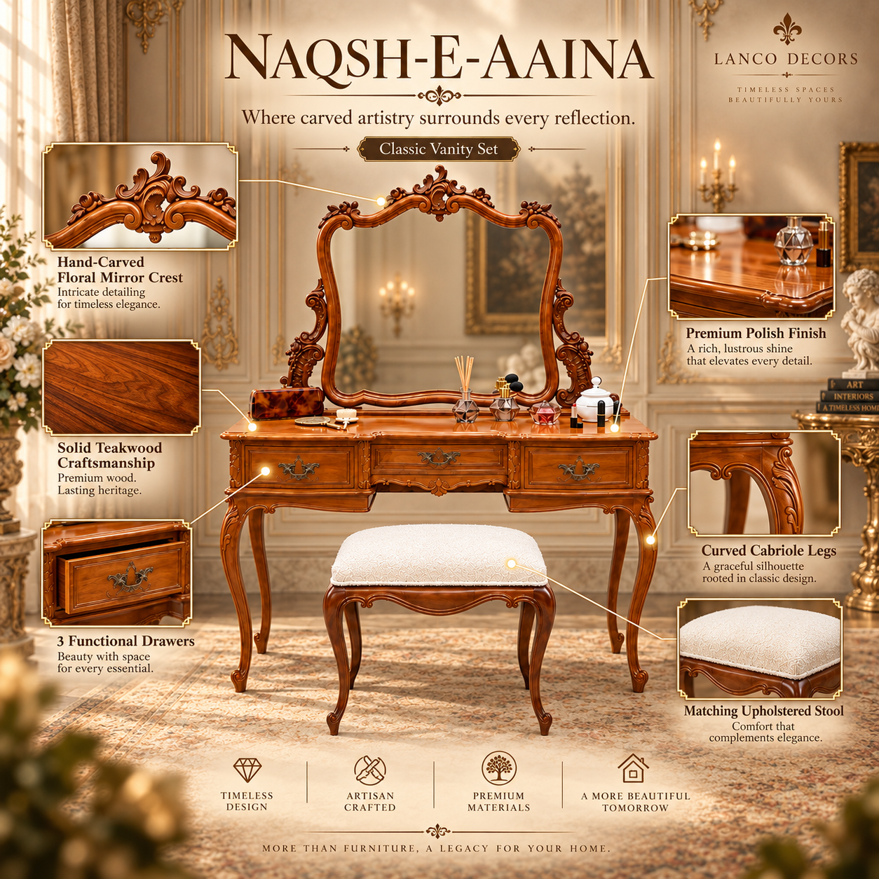 Naqsh-e-Aaina – Royal Carved Dressing Table with Mirror - Image 2