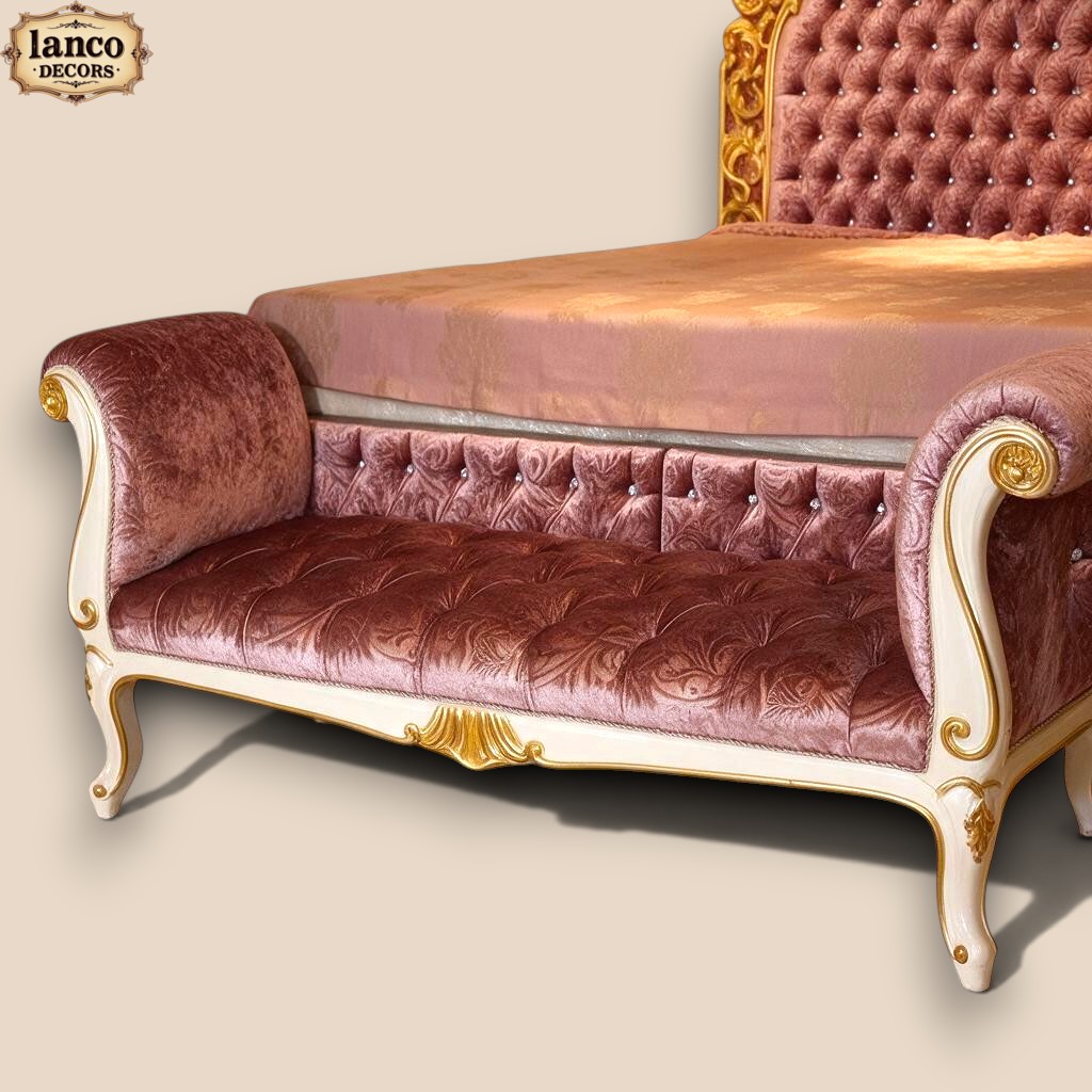 SHAAN-E-GULRUKH – Royal French Rococo Luxury Bed with Carved Headboard & Upholstered Footboard Bench - Image 3