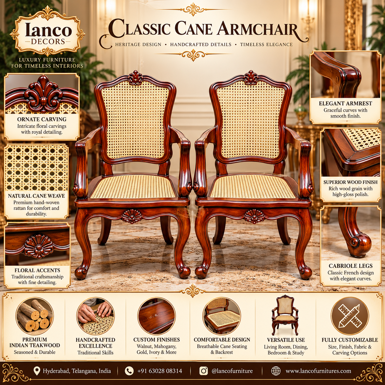 MEERAS-E-SHAAN – Royal Victorian Hand-Carved Wooden Cane Armchairs (Set of 2) - Image 2