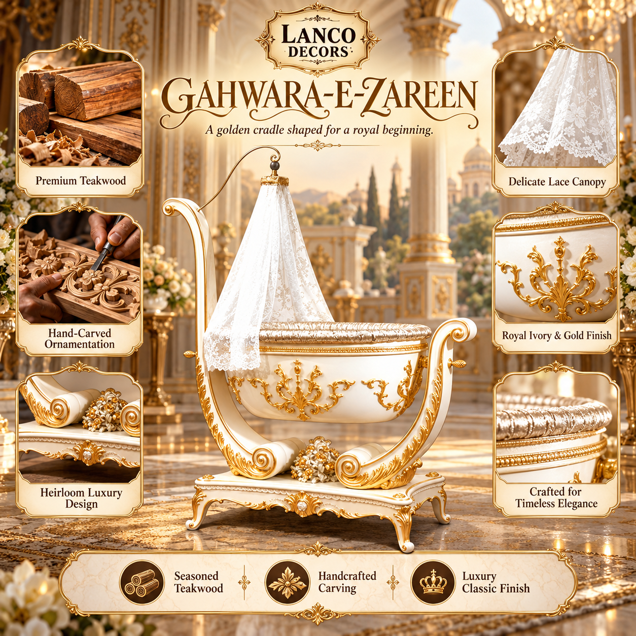 GAHWARA-E-ZAREEN – Royal Handcrafted Luxury Baby Cradle - Image 2
