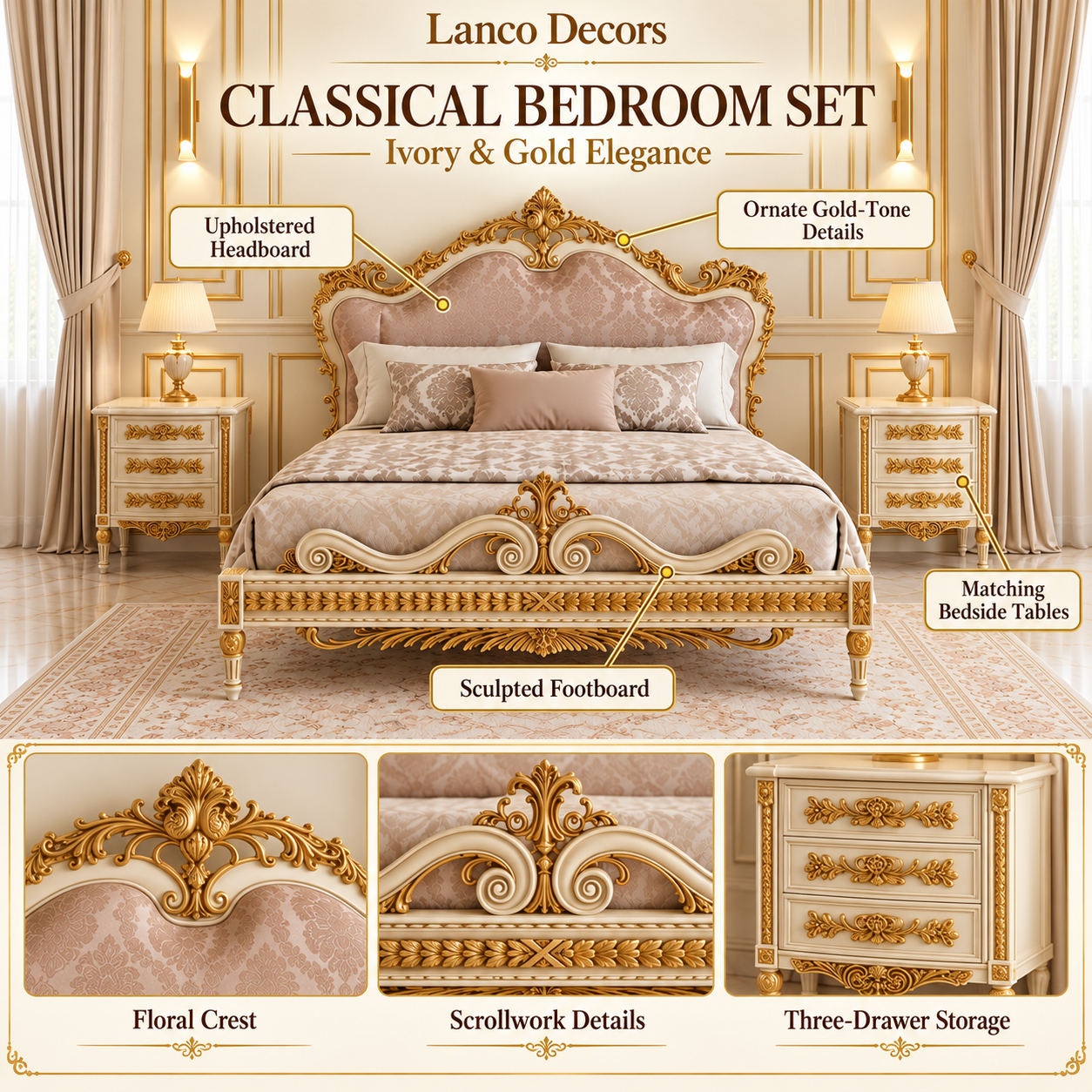 KHWAAB-E-ZEENAT — Ivory & Gold Classical Bedroom Set - Image 2